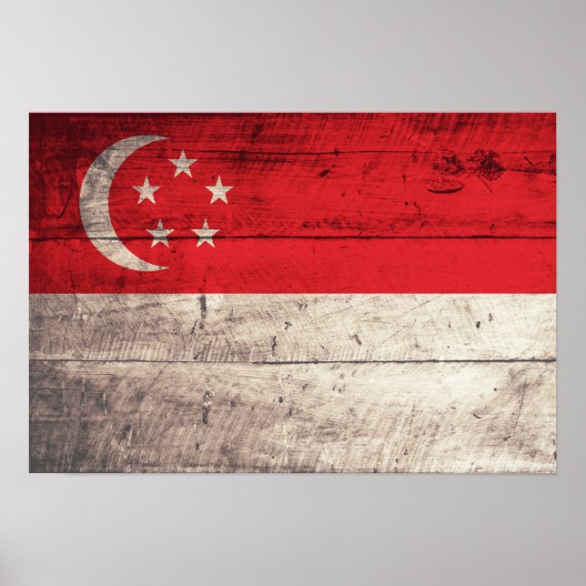 Poster Drapeau de Singapour en bois ancien (Devant)