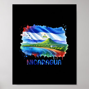 Poster Drapeau du Nicaragua Art Paysage Volcan et littora