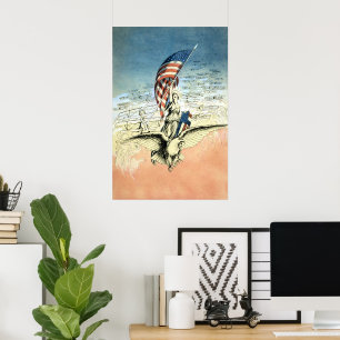 Poster Drapeau patriotique vintage, Dame, Aigle avec drap