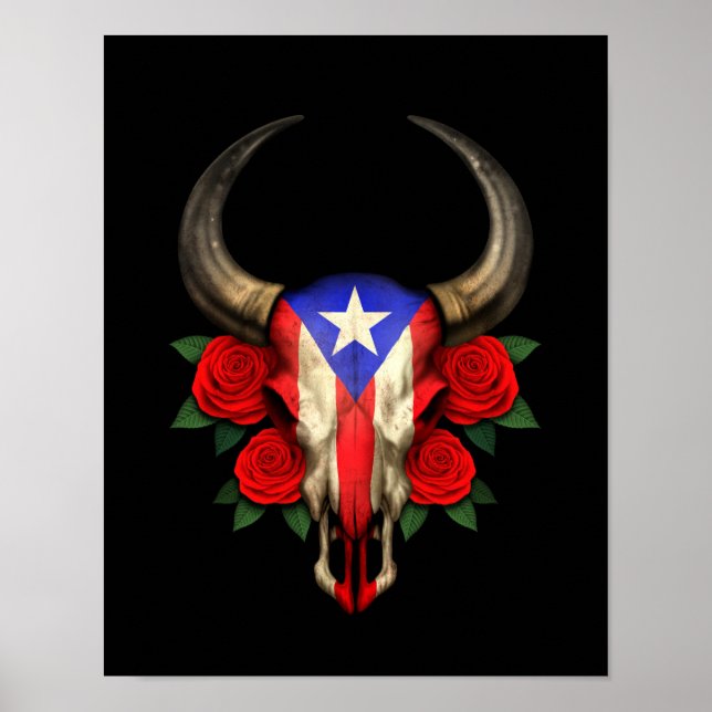 Poster Drapeau Porto Rico Taureau avec Roses rouges (Devant)
