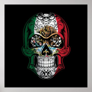 Poster Drapeau Rose et crâne mexicain