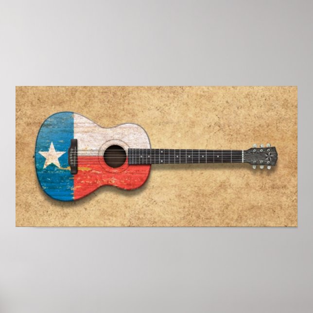 Poster Drapeau Texas vieilli et porté Guitare acoustique (Devant)