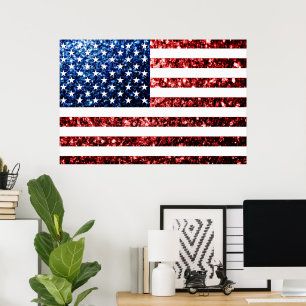 Poster Drapeau USA rouge et bleu étincelles scintille