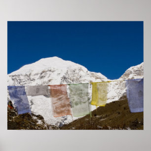 Poster Drapeaux de prière et Mont Jhomolhari, Bhoutan.