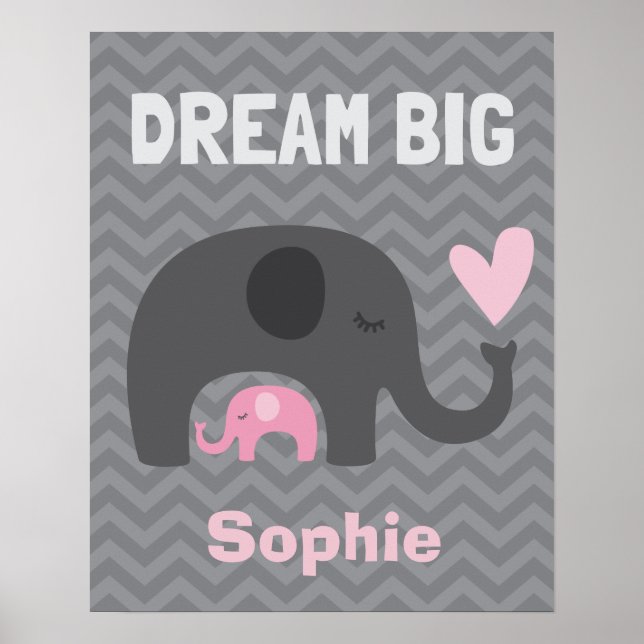 Poster Dream Big Little One - Eléphants gris et rose (Devant)