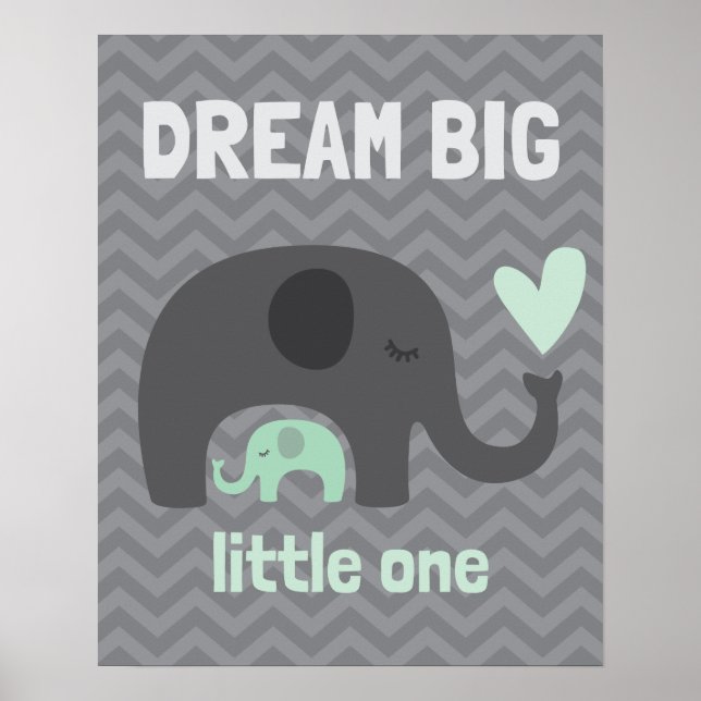 Poster Dream Big Little One - Eléphants gris et verts (Devant)