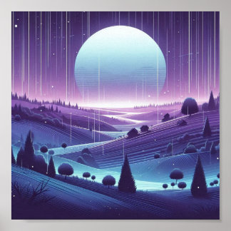 Poster Dreamight Night Landscape - Moonlit Hills et Falli