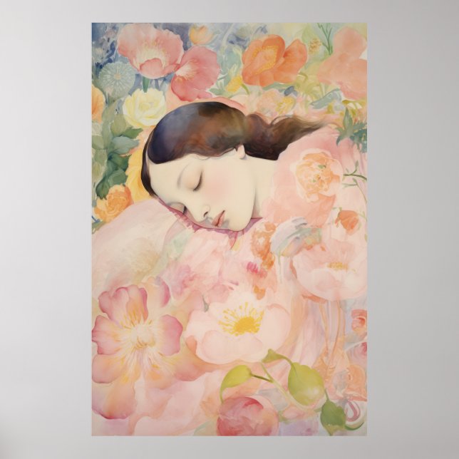 Poster Dreaming in Bloom – Watercolor Sleeping Woman (Devant)
