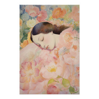 Poster Dreaming in Bloom – Watercolor Sleeping Woman