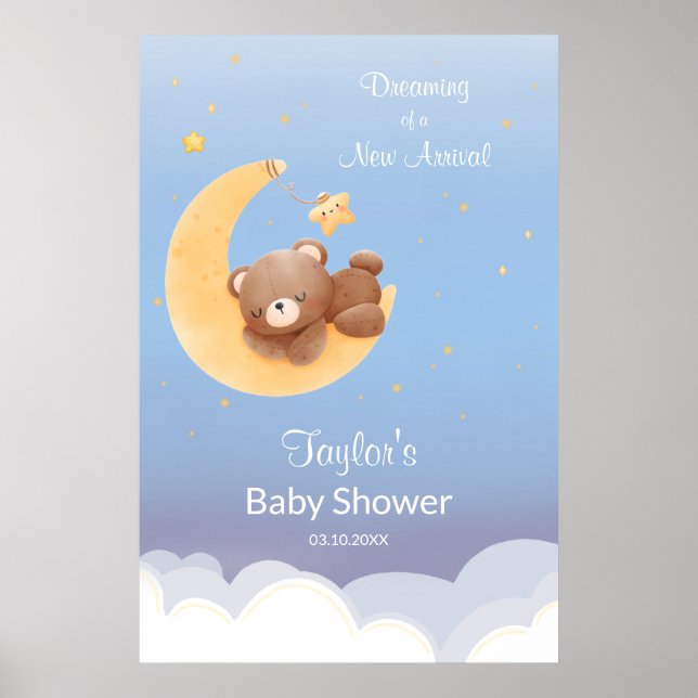 Poster Dreaming Teddy Bear Moon Soft Blue Baby Shower (Devant)