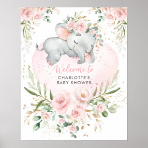 Poster Dreamy Elephant Rose Blush Floral Baby Welcome