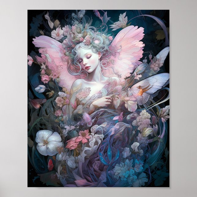 Poster Dreamy Fairy Girl Rose Blue Imaginaire Art (Devant)
