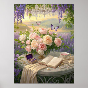 Poster Dreamy Floral sanctuaire baigné d'or heure lumière