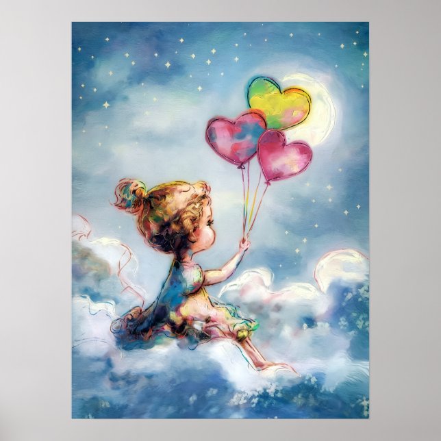 Poster Dreamy Night Sky - Fille Whimsical avec ballons (Devant)