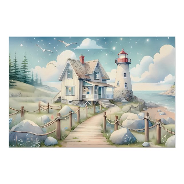 Poster Dreamy Pastel Lighthouse by the Sea (Devant)
