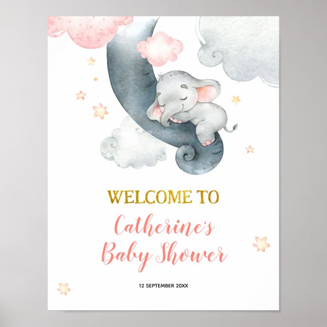 Poster Dreamy Stars Elephant Girl Baby shower (Devant)