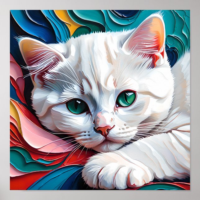 Poster Dreamy White Kitten – Soft Pastel Abstract Cat Art (Devant)