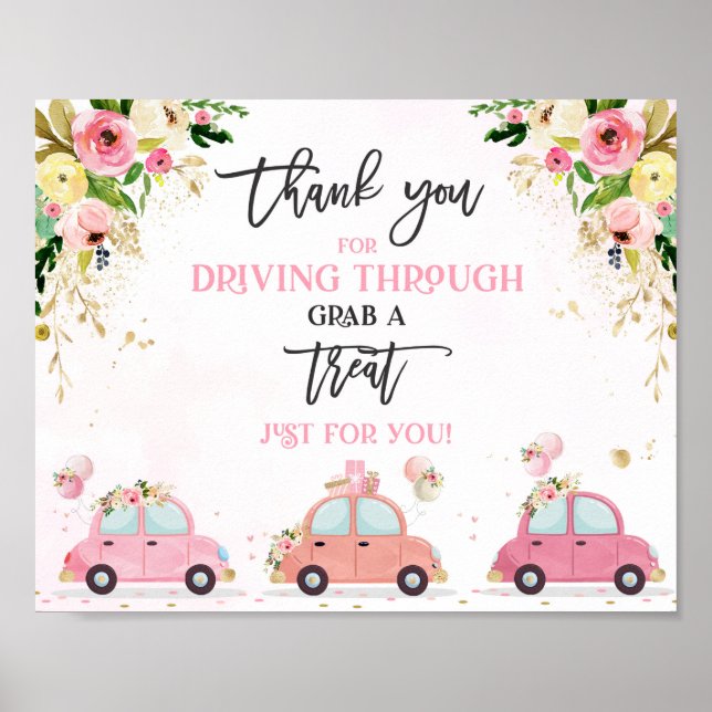 Poster Drive By Baby shower Treat Favoriser Sign rose Flo (Devant)