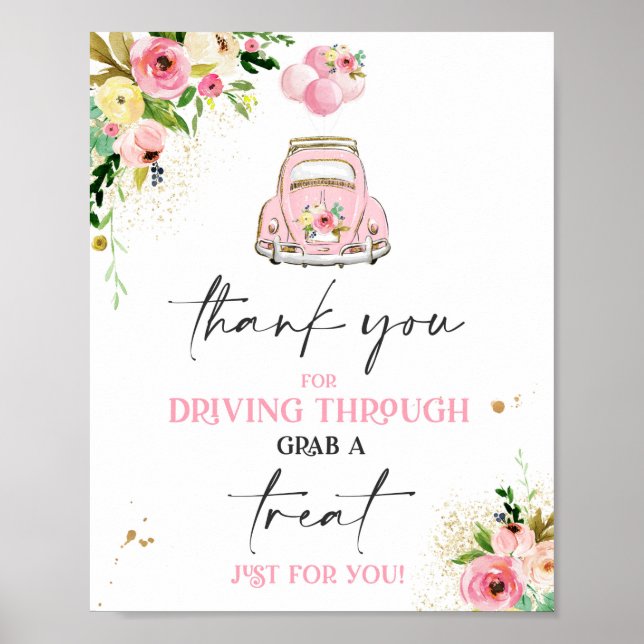 Poster Drive By Baby shower Treat Favoriser Sign rose Flo (Devant)
