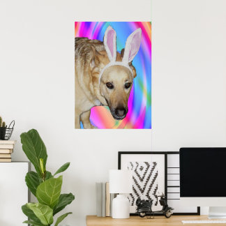 Poster Drôle Berger Allemand Chien & Oreilles Lapin Pâque