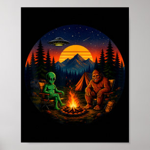 Poster Drôle bigfoot alien camping rétro ovni feu de camp