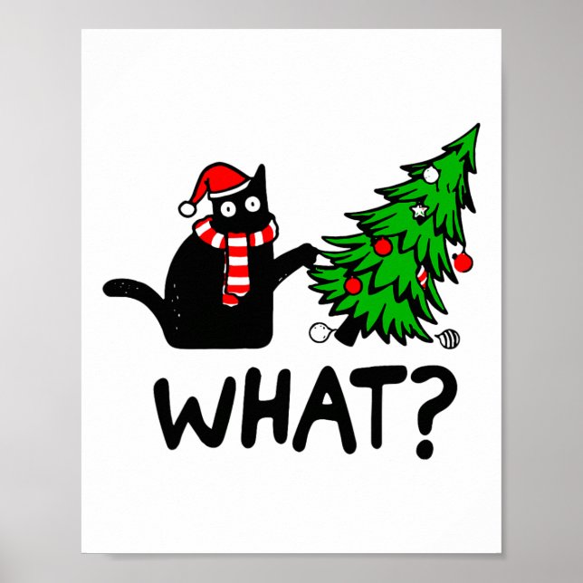 Poster Drôle cadeau de chat noir Poussant l'arbre de Noël (Devant)