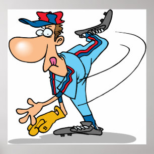 Poster Drôle Caricature de baseball lanceur d'une balle r