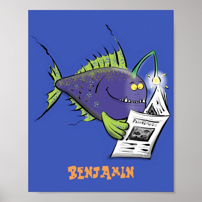 Poster Drôle caricature de poisson de pêcheur (Devant)