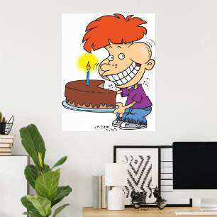 Poster Drôle caricaturiste avec gâteau d'anniversaire au 