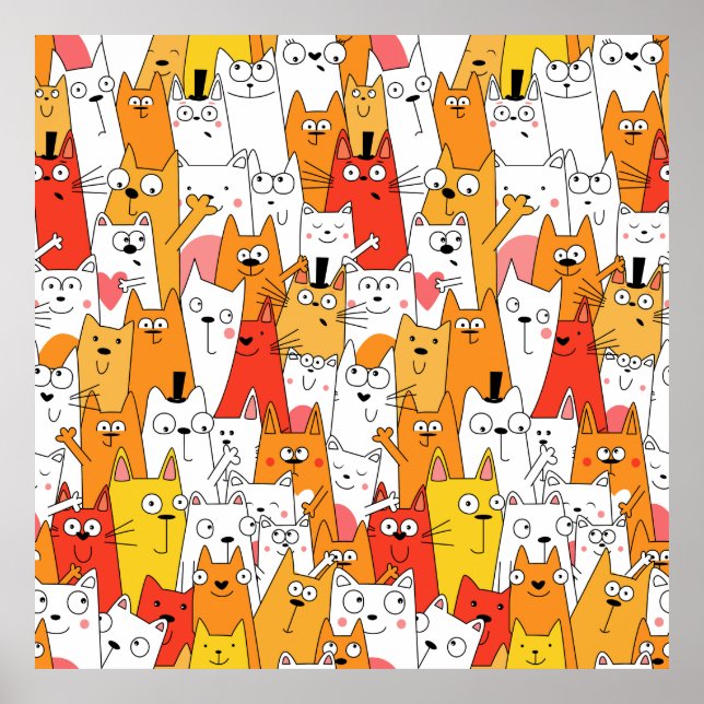 Poster Drôle Cartoon Cats Group Doodle (Devant)