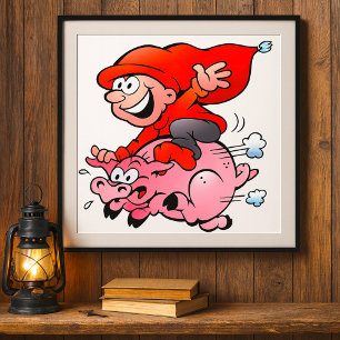Poster Drôle Cartoon Gnome équitation Flying Pig