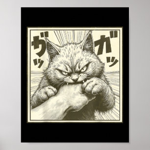 Poster Drôle Cat Graphic Tee Japonais Anime Cat Bite