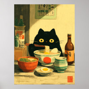 Poster Drôle chat noir manger Ramen   Vintage japonais