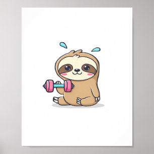 Poster Drôle Chibi Sloth Workout Cute Kawaii Gym Cartoon