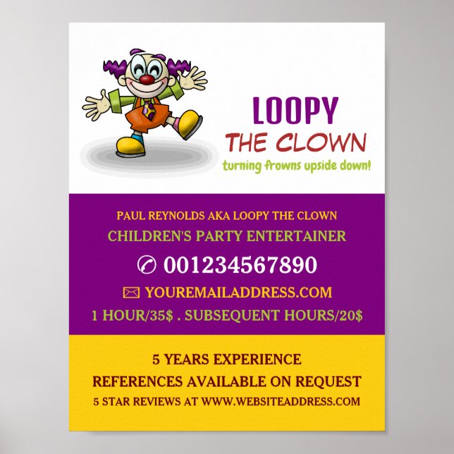 Poster Drôle Clown, Entertainer pour enfants, Publicité c (Devant)