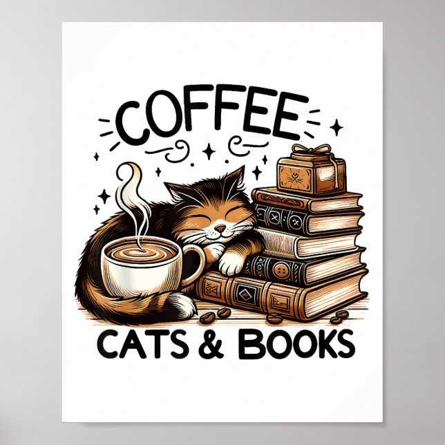 Poster Drôle Cute Coffee Cats Livres Lover Idea Cadeau Fe (Devant)