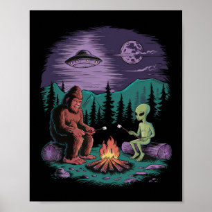 Poster Drôle d'alien et Bigfoot en randonnée Lune Sasquat