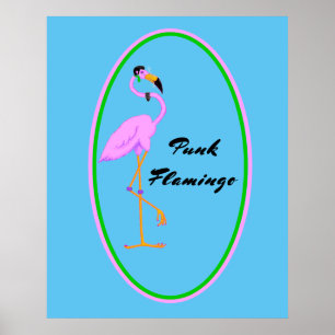Poster Drôle de flamant rose punk sur sarcelle