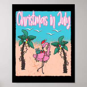 Poster Drôle de Noël en juillet Flamant rose plage Noël j