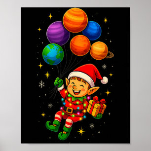 Poster Drôle d'elfe astronaute avec des planètes Christma