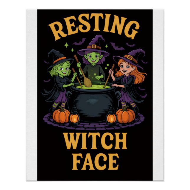 Poster drôle d'Halloween avec de mignonnes sorcièr (Devant)