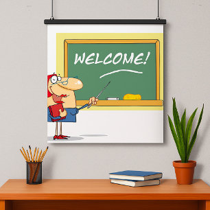 Poster Drôle enseignant de dessin animé Bienvenue à l'éco