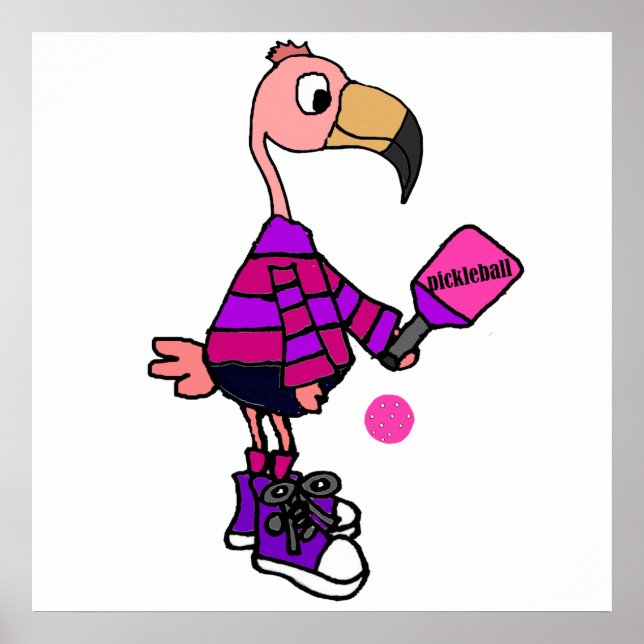 Poster Drôle Flamant rose rose Jouer Pickleball Cartoon (Devant)