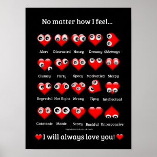 Poster Drôle Googly Eyes, Valentine Hearts, Je t'aime