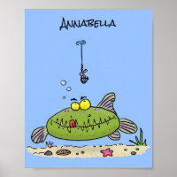 Drôle gras affamé poisson vert dessin de pêche