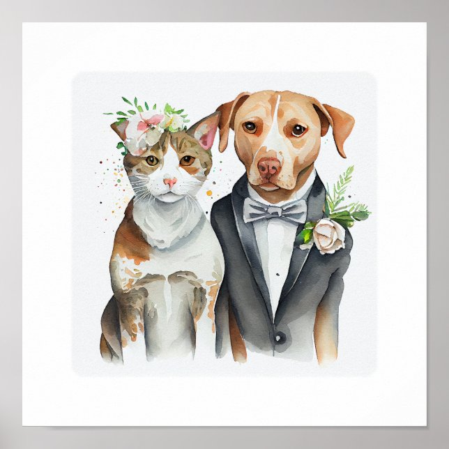 Poster drôle grave : mariage de chat et de chien, aquarel (Devant)