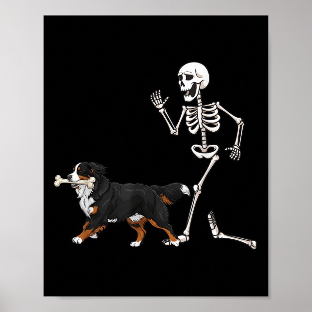 Poster Drôle Halloween Bernese Mountain Dog Et Skeleton (Devant)