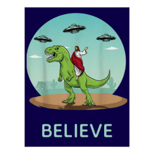 Poster Drôle Jésus Dinosaure UFO Croire Rétro