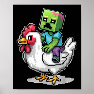 Poster Drôle Jockey Pixel Riding Jockey Poulet Sur Un Chi