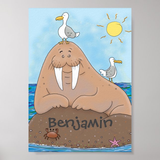 Poster Drôle joyeux morse dessin humoristique de morse (Devant)